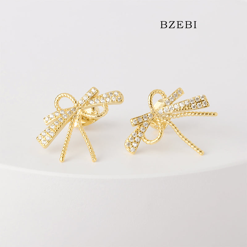 BZEBI 18k Gold Plated Cubic Zirconia Bow Stud Earrings for Women with Box