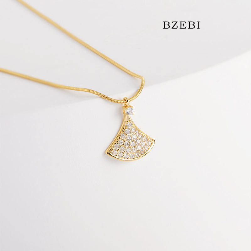 BZEBI 18k Gold Plated Cubic Zirconia fan-shaped pendant Necklace for Women with Box