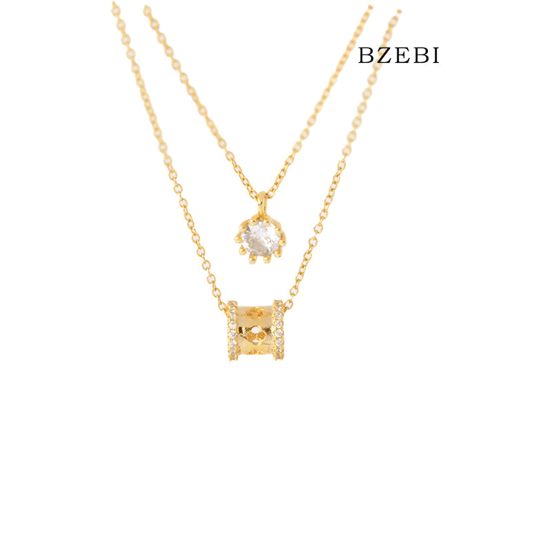 BZEBI 18k Gold Plated Cubic Zirconia Double Chain Stacked Fashion Boutique Necklace for Women with Box