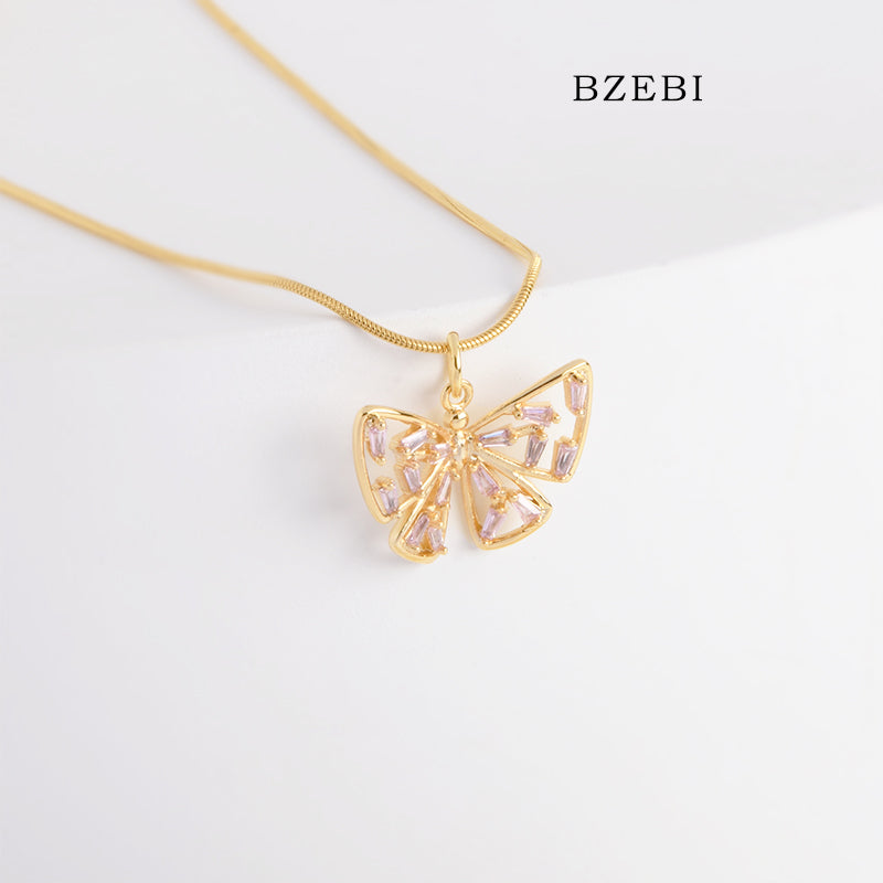 BZEBI 18k Gold Plated Cubic Zirconia ladies freedom butterfly Necklace for Women with Box