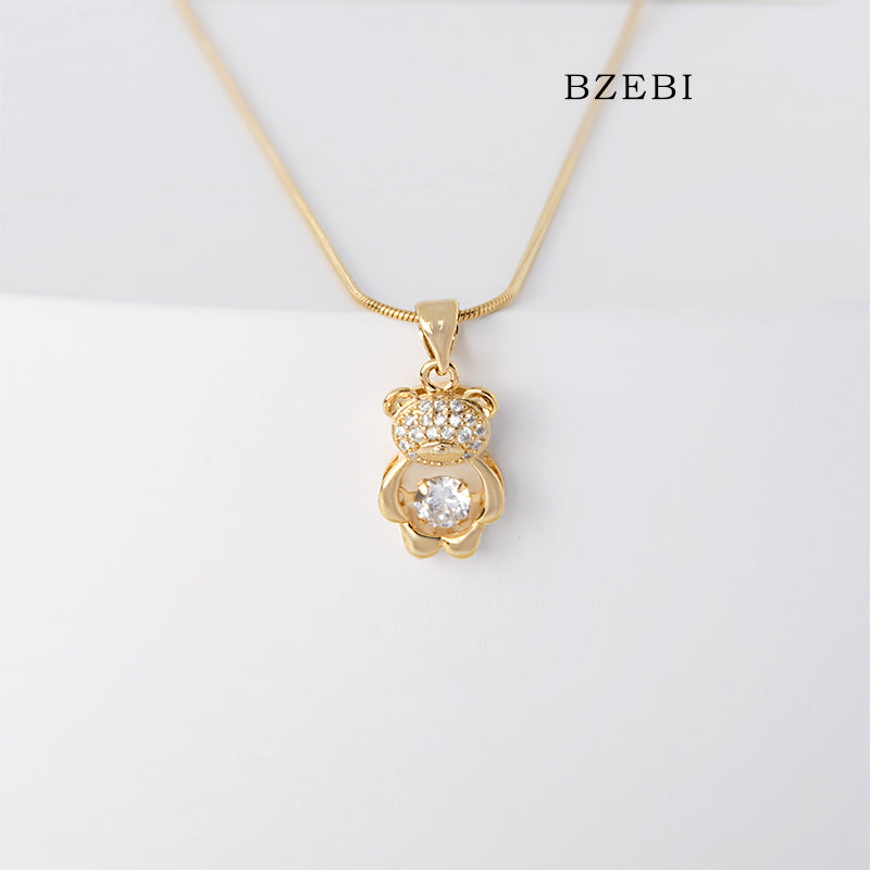 BZEBI 18k Gold Plated Cubic Zirconia cady bear Necklace for Women with Box