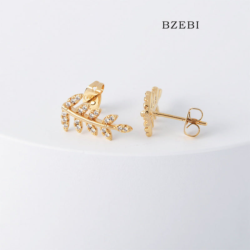 BZEBI 18k Gold Plated Cubic Zirconia Fashion Leaf shape Stud Earrings for Women with Box