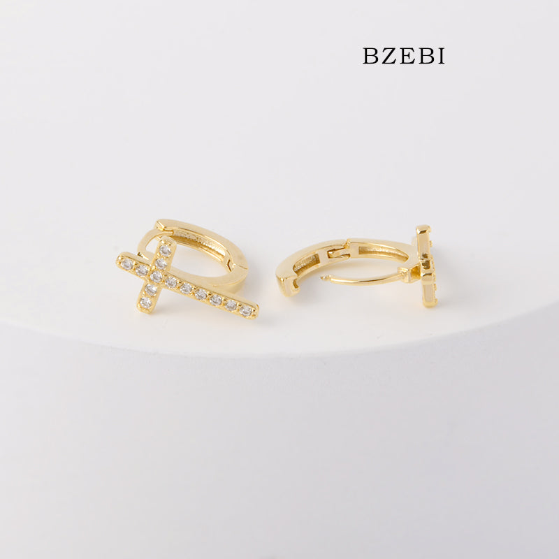 BZEBI 18k Gold Plated Cubic Zirconia Plus Buckle Stud Earrings for Women with Box