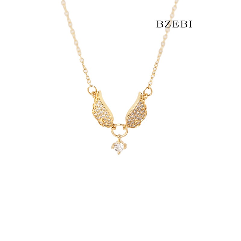 BZEBI 18k Gold Plated Cubic Zirconia Angel Wings Necklace for Women with Box