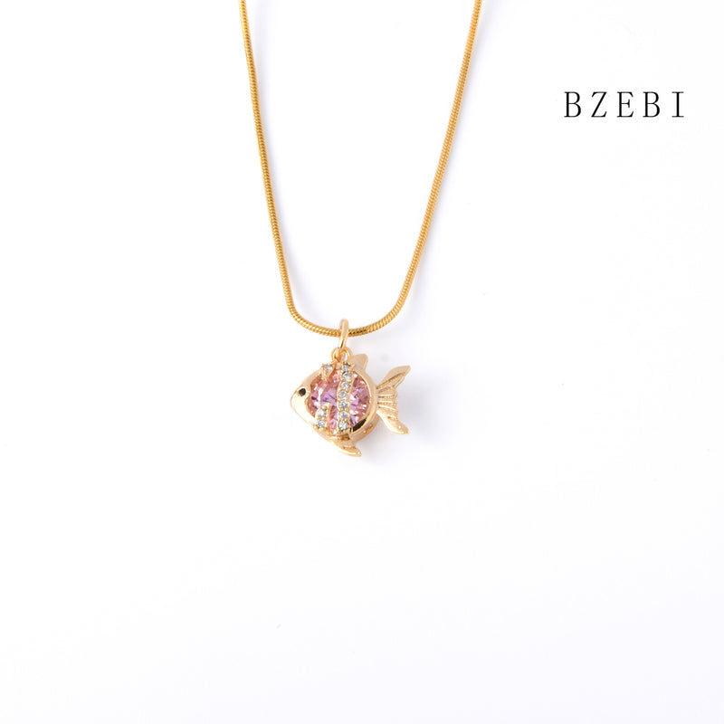 18k Gold Plated Cubic Zirconia Small fish Necklace for Women with Box