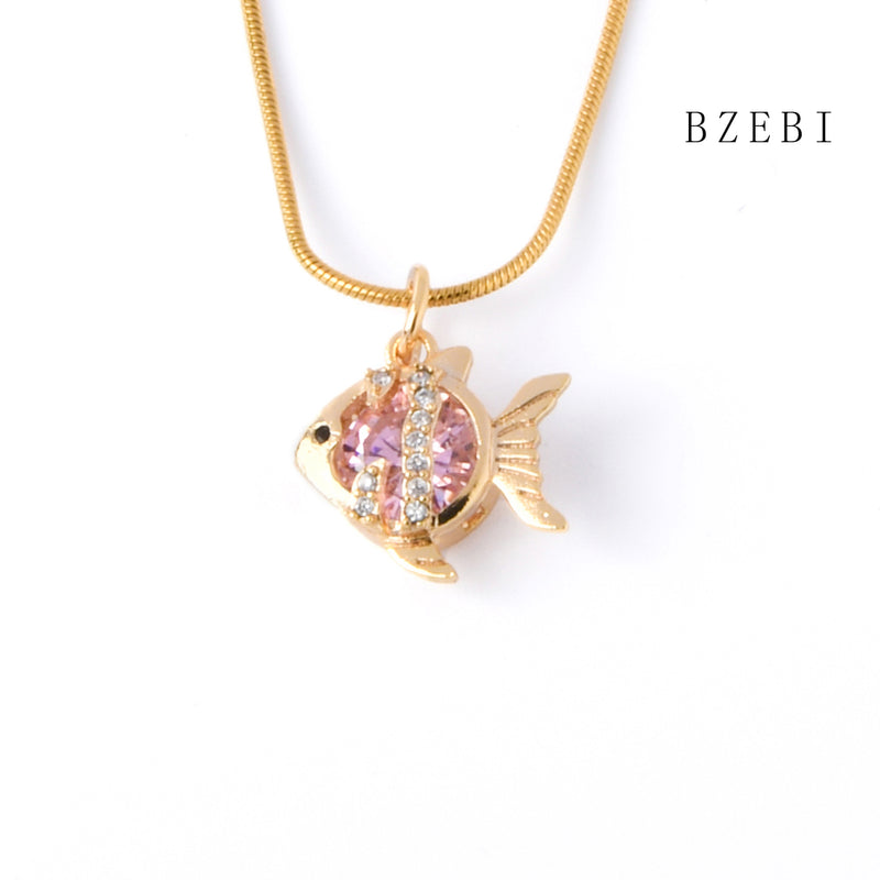 18k Gold Plated Cubic Zirconia Small fish Necklace for Women with Box