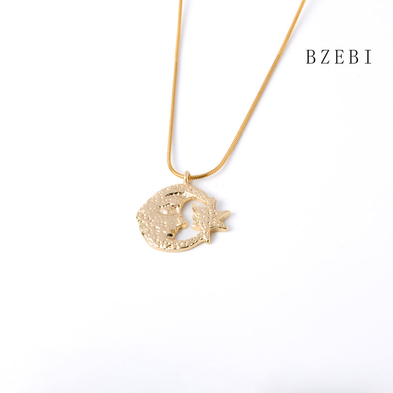 18k Gold Plated Cubic Zirconia Moon and stars Necklace for Women with Box