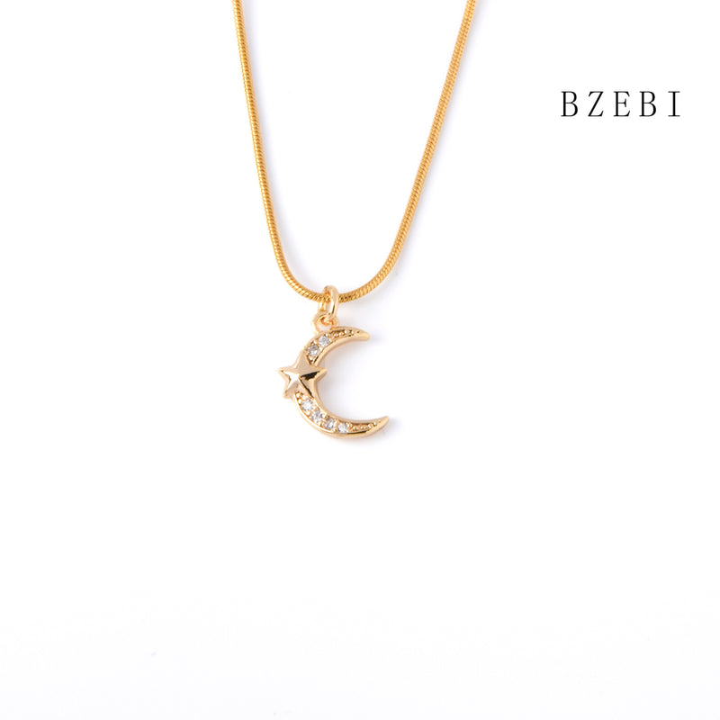 18k Gold Plated Cubic Zirconia Moon and stars Necklace for Women with Box