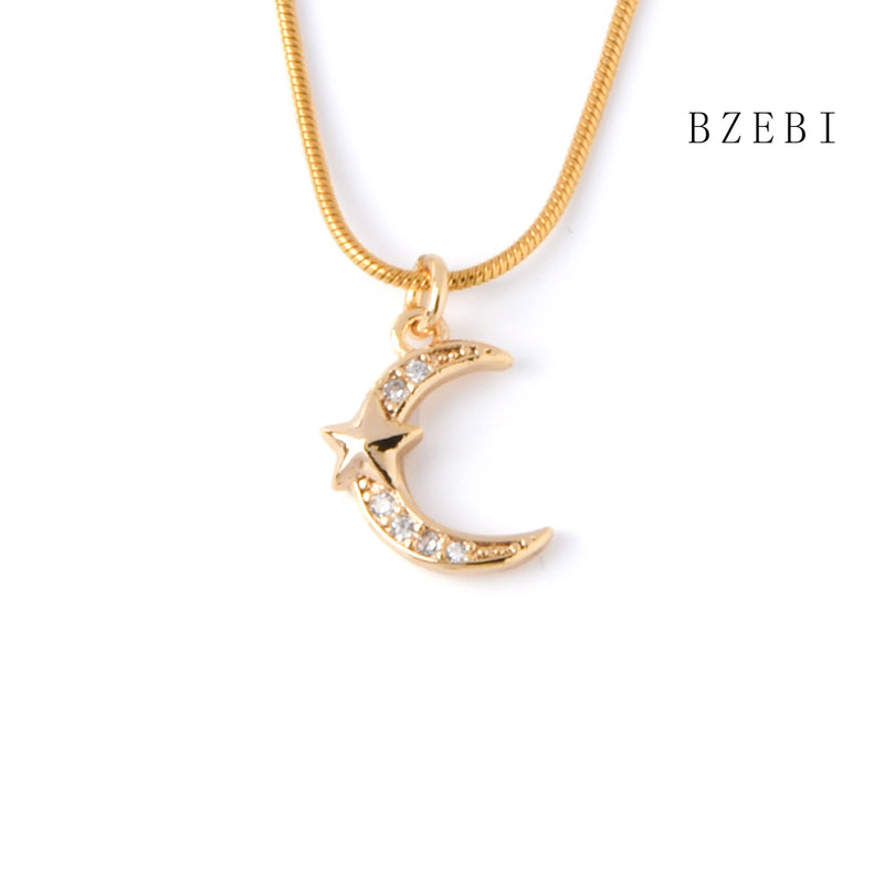 18k Gold Plated Cubic Zirconia Moon and stars Necklace for Women with Box