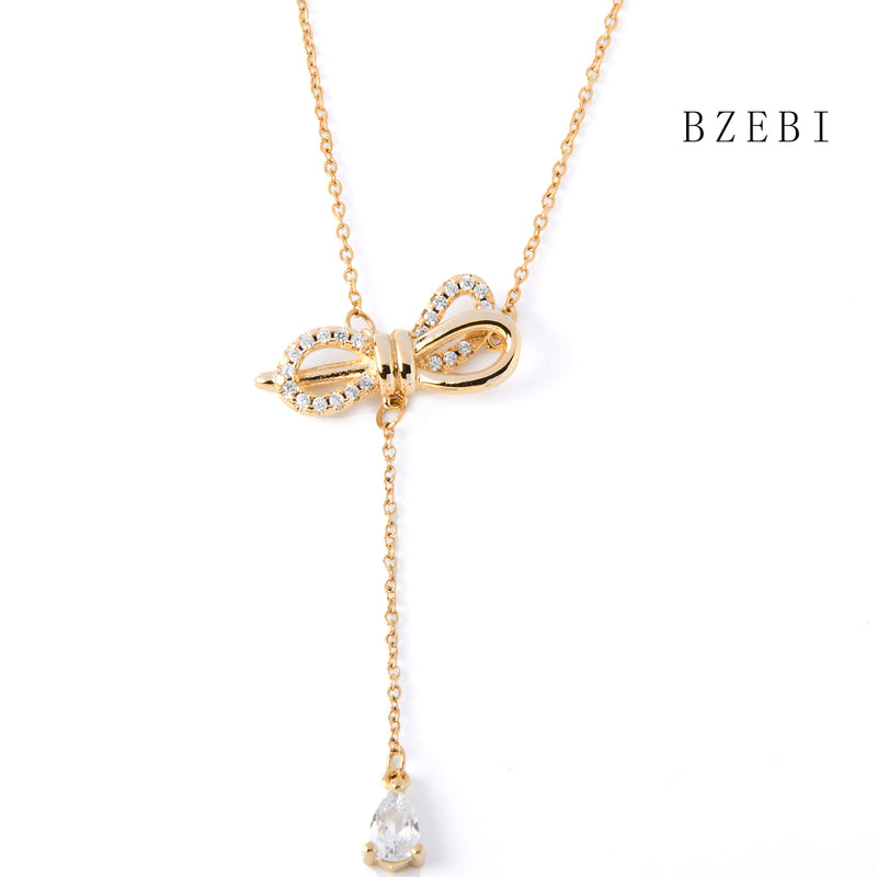 18k Gold Plated Cubic Zirconia Bow tie Necklace for Women with Box