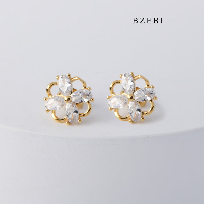 BZEBI High quality 4-petal hollow flowers Cubic Zircon 18K stainless steel gold-plated earrings earrings women's jewelry gift