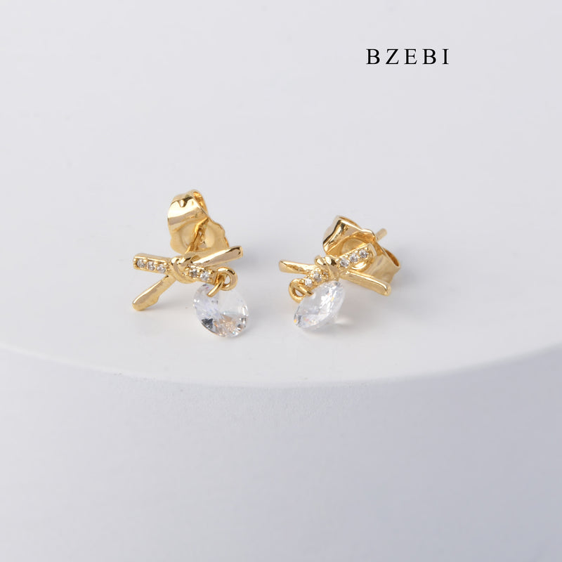 BZEBI Trendy hot selling 18K Stainless Steel Gold Plated X-shaped hanging Cubic Zircon stud clip girls' Earrings