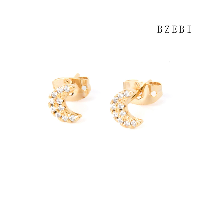 18k Gold Plated Cubic Zirconia The moon Stud Earrings for Women with Box