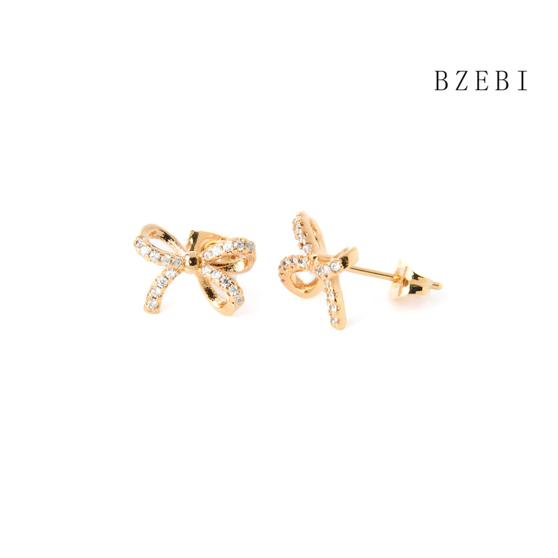 18k Gold Plated Cubic Zirconia Bow tie Stud Earrings for Women with Box