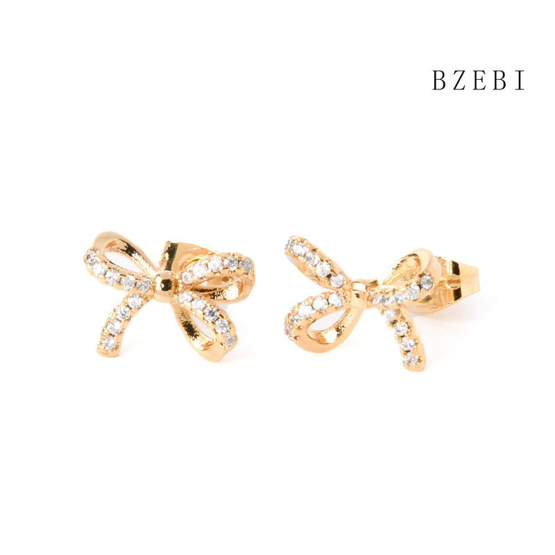 18k Gold Plated Cubic Zirconia Bow tie Stud Earrings for Women with Box