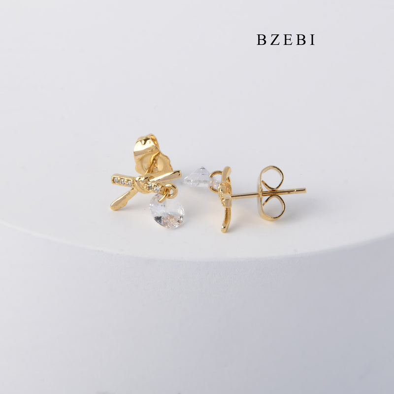 BZEBI Trendy hot selling 18K Stainless Steel Gold Plated X-shaped hanging Cubic Zircon stud clip girls' Earrings