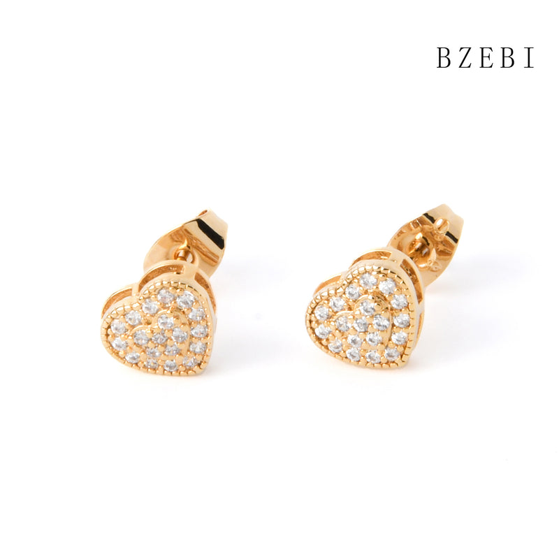 18k Gold Plated Cubic Zirconia heart Stud Earrings for Women with Box