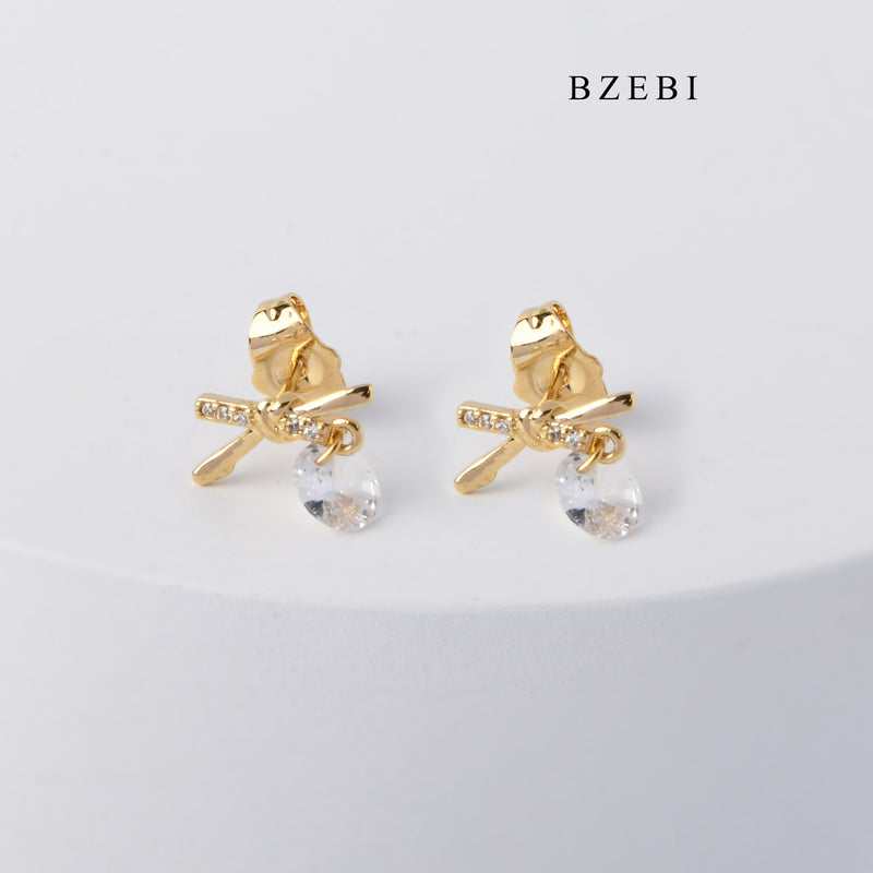 BZEBI Trendy hot selling 18K Stainless Steel Gold Plated X-shaped hanging Cubic Zircon stud clip girls' Earrings