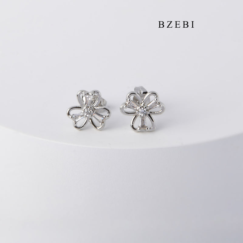 BZEBI Fashion simple clover hollow cubic cubic zirconia silver stud earrings lady jewelry gift