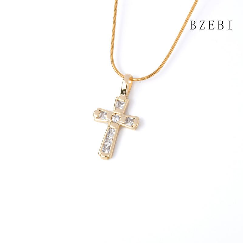 18k Gold Plated Cubic Zirconia Full of drill cross Necklace for Women with Box