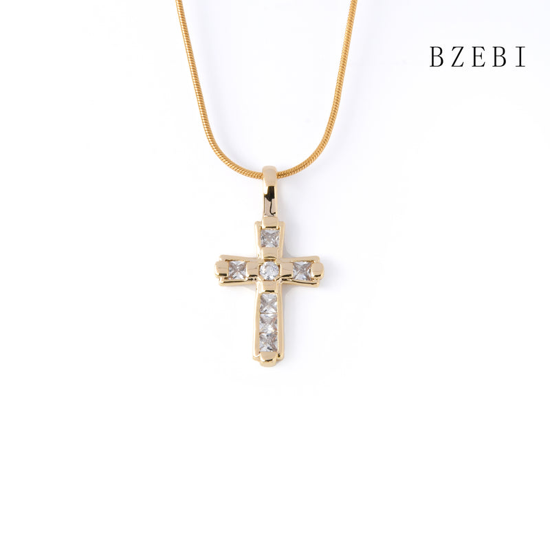 18k Gold Plated Cubic Zirconia Full of drill cross Necklace for Women with Box