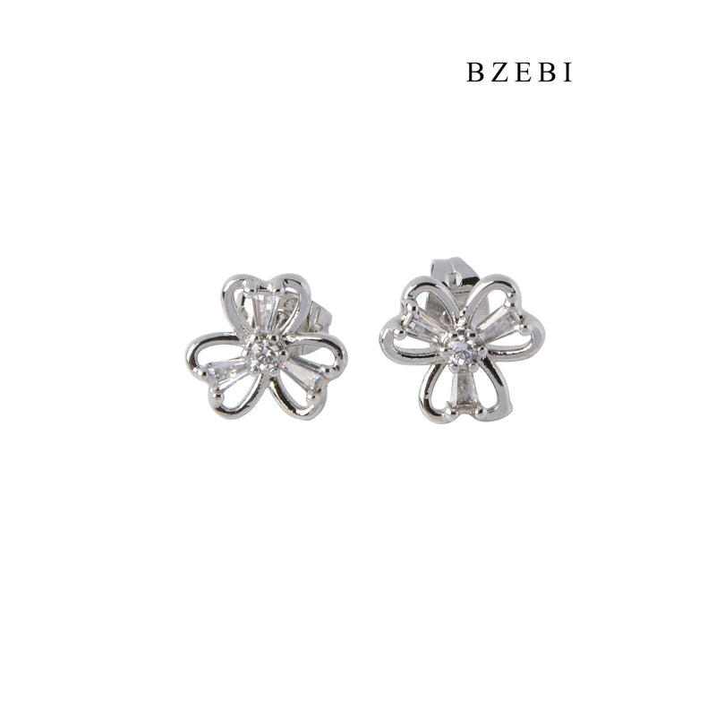 BZEBI Fashion simple clover hollow cubic cubic zirconia silver stud earrings lady jewelry gift