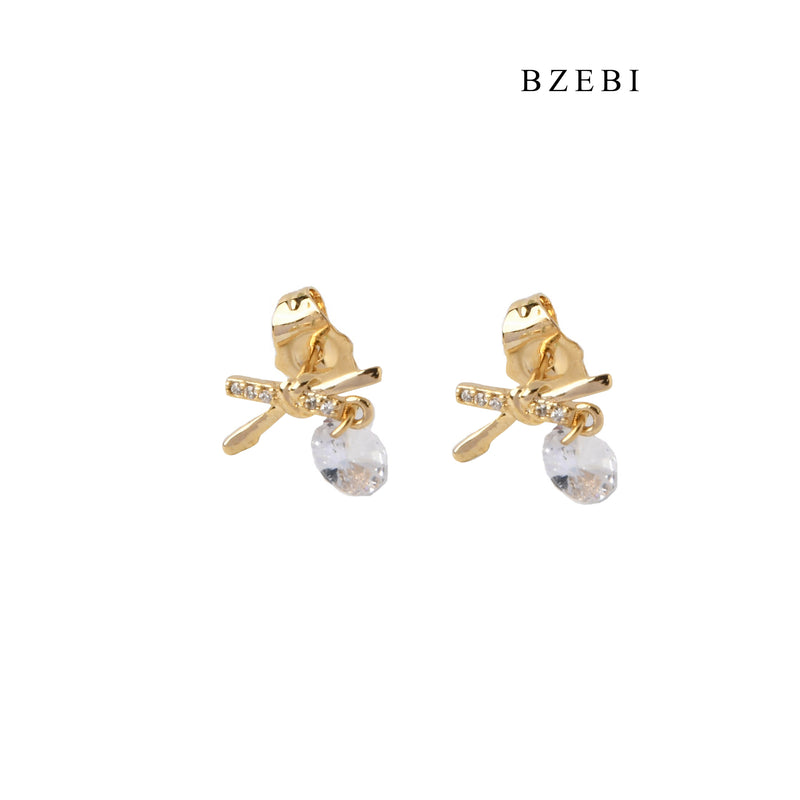 BZEBI Trendy hot selling 18K Stainless Steel Gold Plated X-shaped hanging Cubic Zircon stud clip girls' Earrings