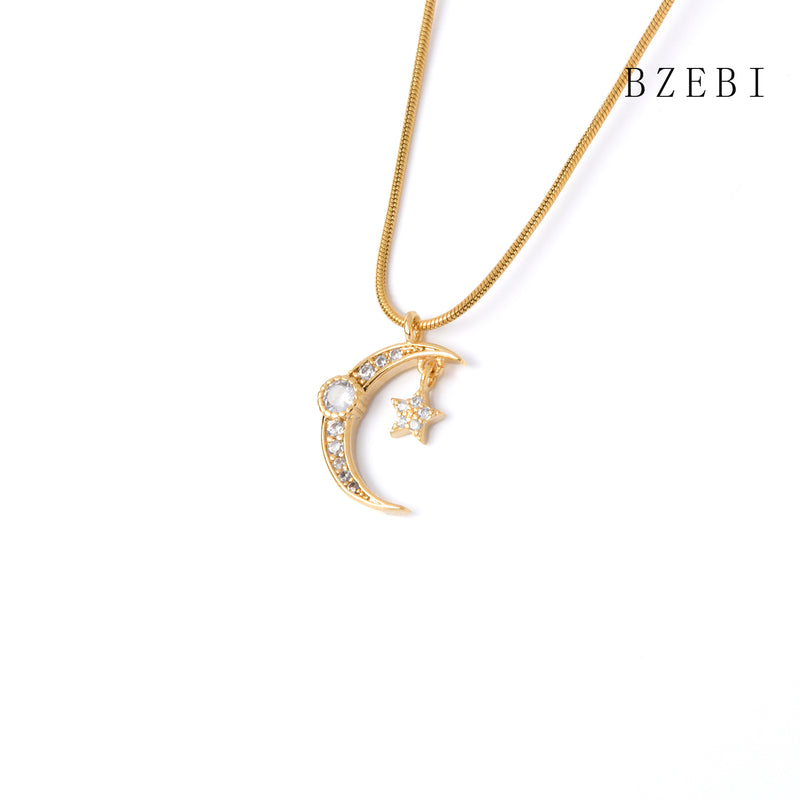 18k Gold Plated Cubic Zirconia Moon and stars Necklace for Women with Box