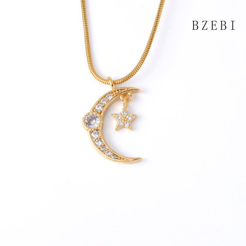 18k Gold Plated Cubic Zirconia Moon and stars Necklace for Women with Box