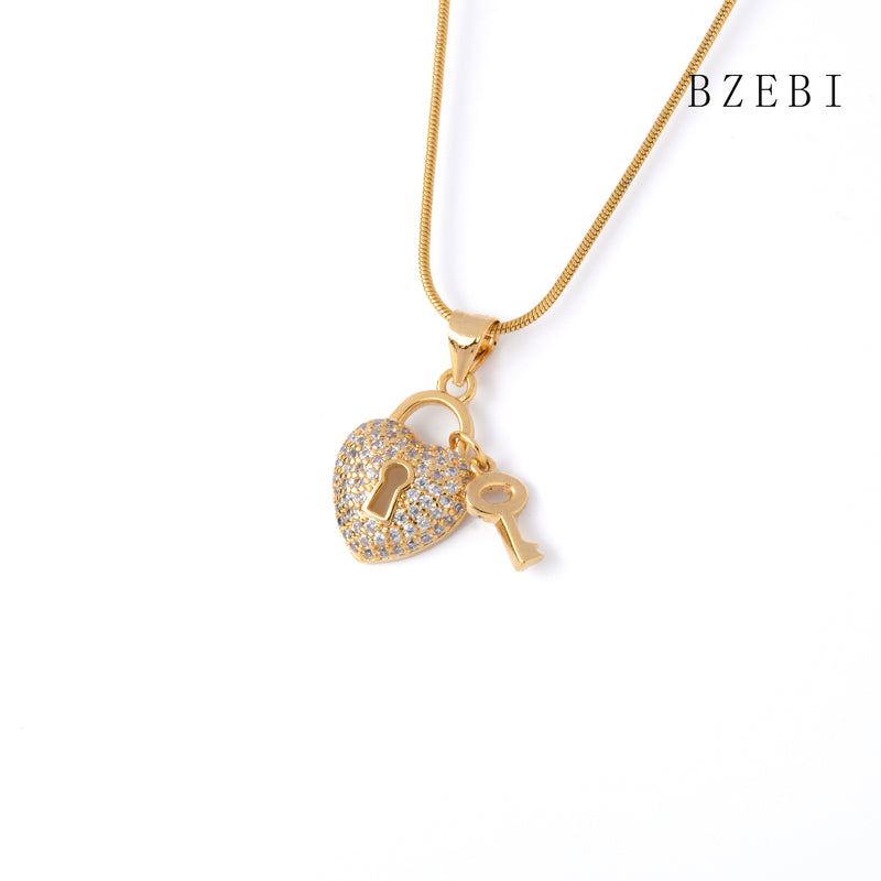 18k Gold Plated Cubic Zirconia Heart shaped lock Necklace for Women with Box