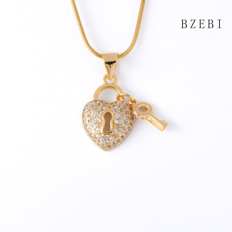 18k Gold Plated Cubic Zirconia Heart shaped lock Necklace for Women with Box