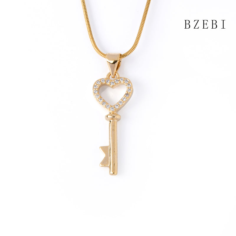 18k Gold Plated Cubic Zirconia Heart shaped key Necklace for Women with Box