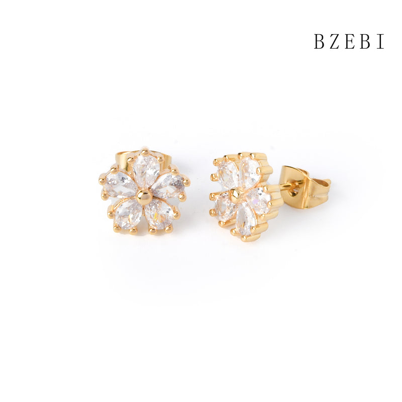 18k Gold Plated Cubic Zirconia flowers Stud Earrings for Women with Box