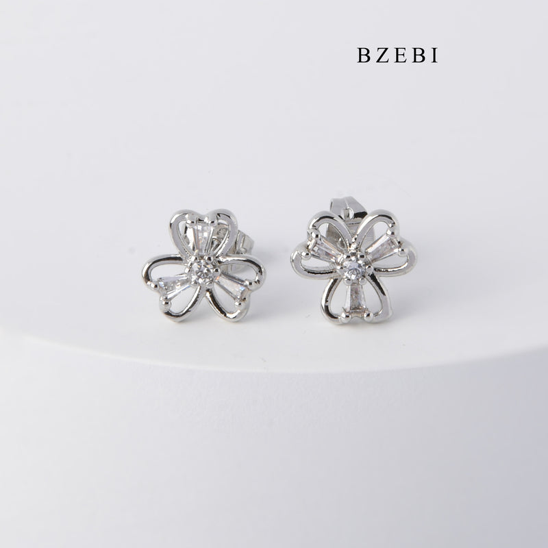 BZEBI Fashion simple clover hollow cubic cubic zirconia silver stud earrings lady jewelry gift