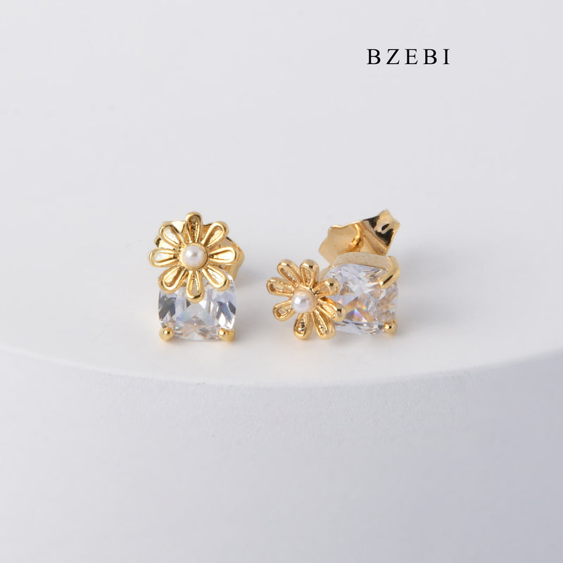 BZEBI High quality trend stainless steel gold plated flower Cubic Zircon Earrings Flower Flower Earrings Earrings