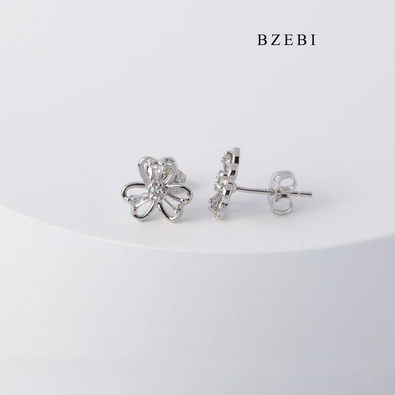 BZEBI Fashion simple clover hollow cubic cubic zirconia silver stud earrings lady jewelry gift