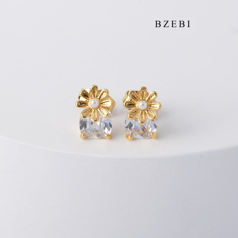 BZEBI High quality trend stainless steel gold plated flower Cubic Zircon Earrings Flower Flower Earrings Earrings