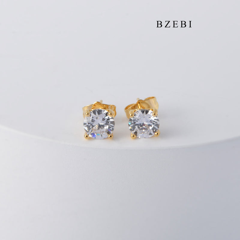 BZEBI Simple and fashionable 18K stainless steel gold-plated four claw round Zirconia Earrings Earrings women's jewelry gift