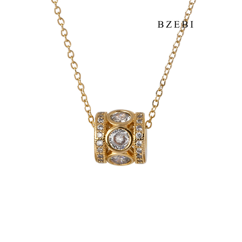 BZEBI Pendant Necklace cylindrical 18K stainless steel gold plated diamond setting simple design cylindrical Pendant Necklace