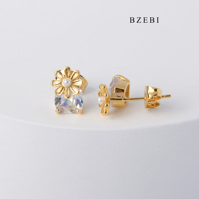 BZEBI High quality trend stainless steel gold plated flower Cubic Zircon Earrings Flower Flower Earrings Earrings