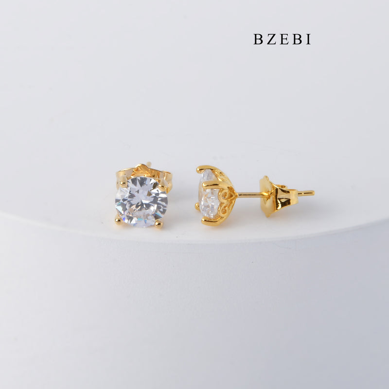 BZEBI Simple and fashionable 18K stainless steel gold-plated four claw round Zirconia Earrings Earrings women's jewelry gift