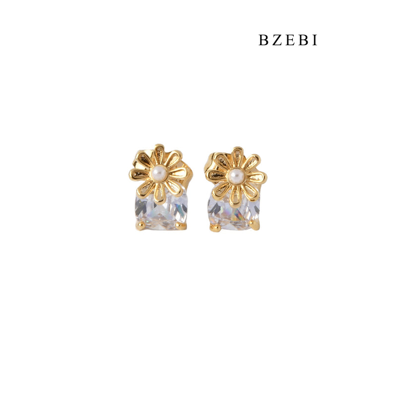 BZEBI High quality trend stainless steel gold plated flower Cubic Zircon Earrings Flower Flower Earrings Earrings