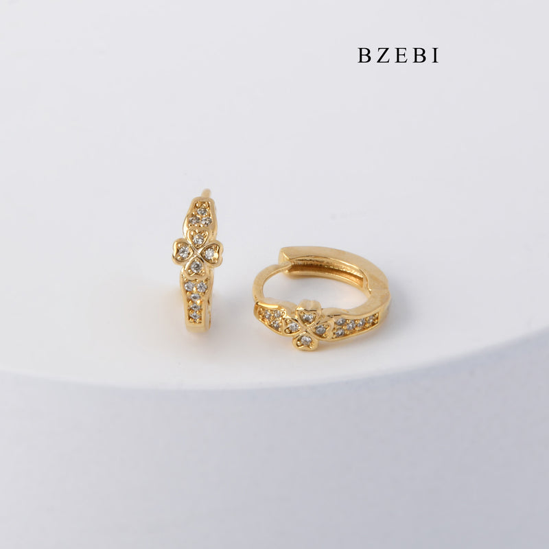 BZEBI Fashion design lucky clover ring diamond studded stainless steel earrings 18K gold plated earrings earrings