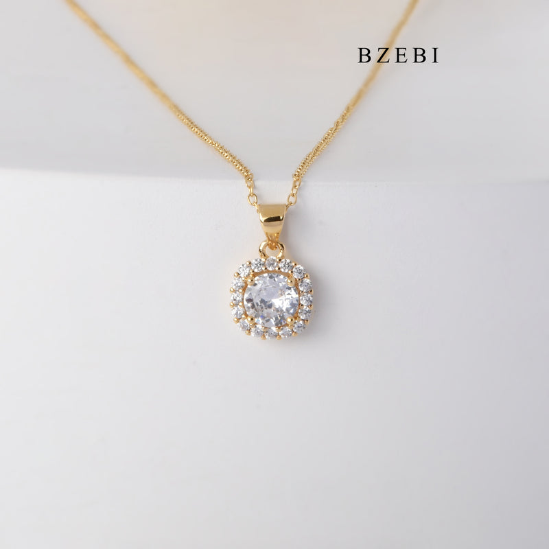 BZEBI New High Quality Stainless Steel Square ring gold plated claw inlaid with cubic zirconia design jewelry pendant necklace jewelry