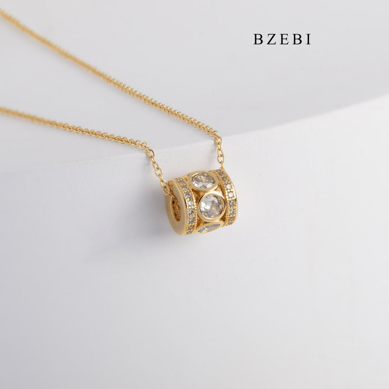 BZEBI Pendant Necklace cylindrical 18K stainless steel gold plated diamond setting simple design cylindrical Pendant Necklace