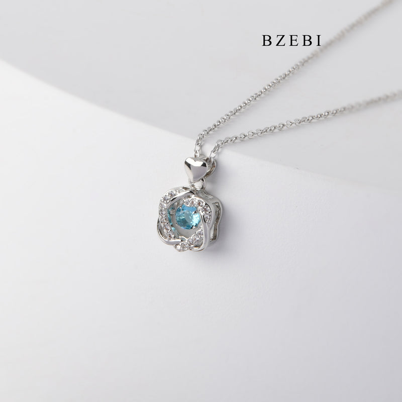 BZEBI New Design heart-to-heart cross-cut lucky blue crystal necklace senior birthday gift pendant necklace