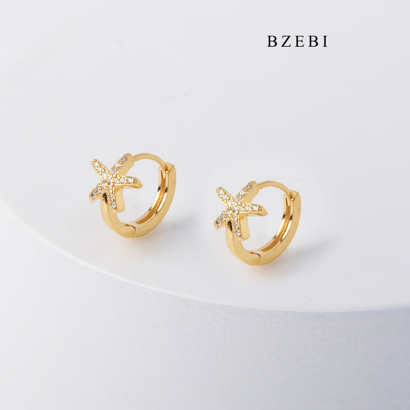 BZEBI New fashion 18K Stainless Steel Gold Plated starfish diamond ring personalized earrings earrings female