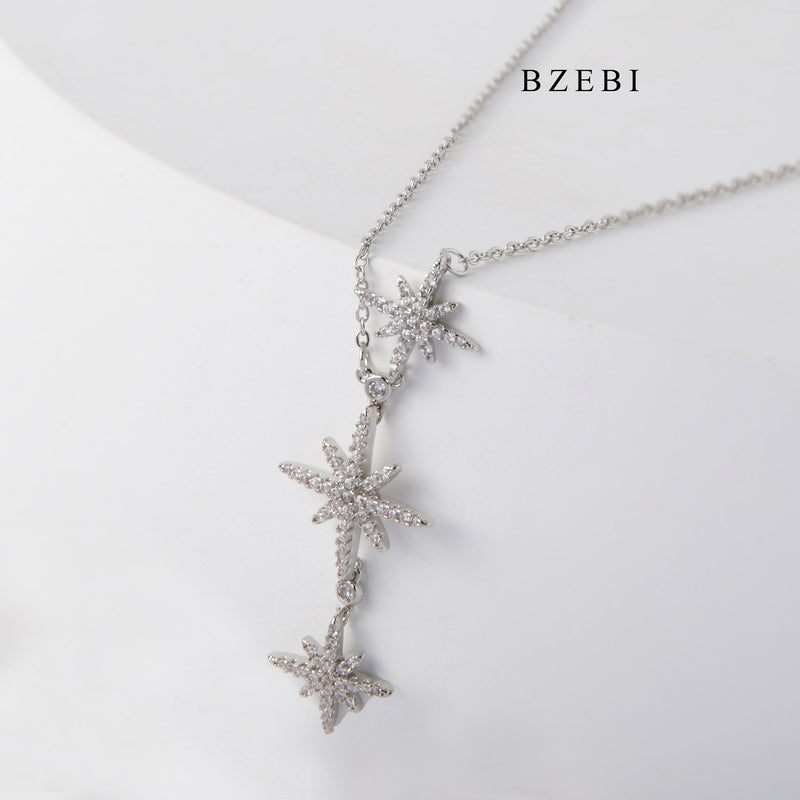 BZEBI The new S925 silver hexagram necklace three meteor micro-inlay zircon design feeling three star pendant jewelry gift