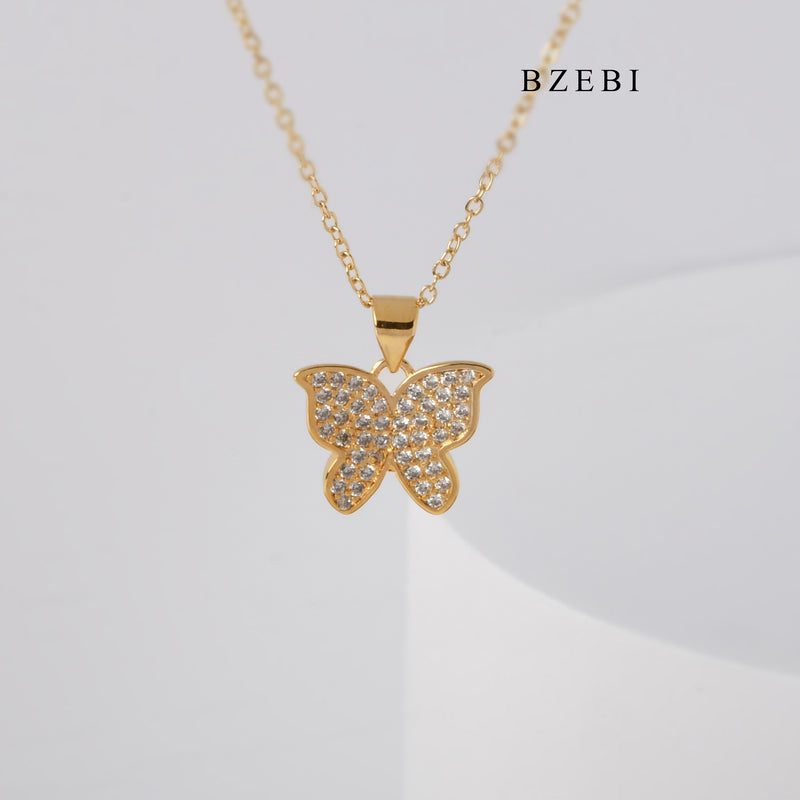 BZEBI New 18K stainless steel gold-plated butterfly cubic zircon pendant necklace ladies jewelry accessories