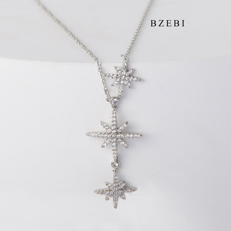 BZEBI The new S925 silver hexagram necklace three meteor micro-inlay zircon design feeling three star pendant jewelry gift